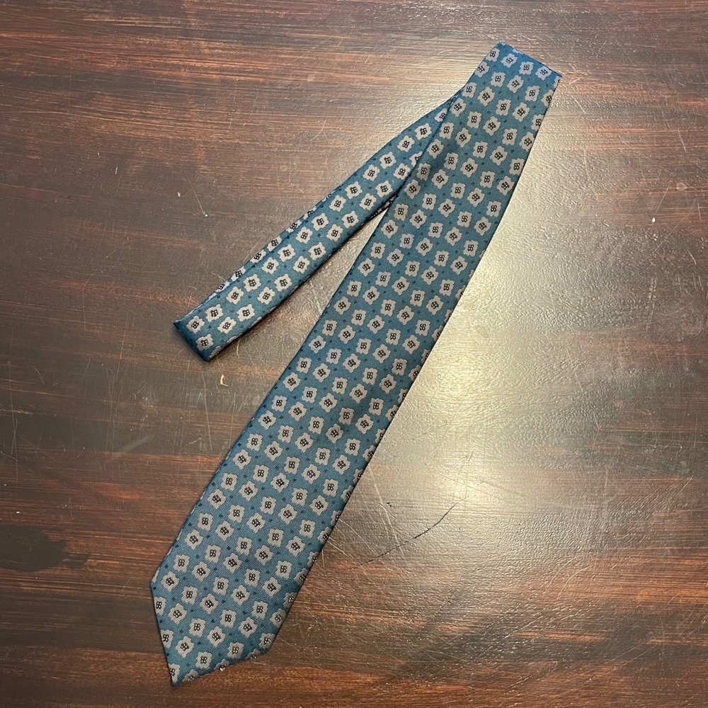 Givenchy Monsieur Vintage Silk Tie Teal Blue Geometric Medallion Pattern
